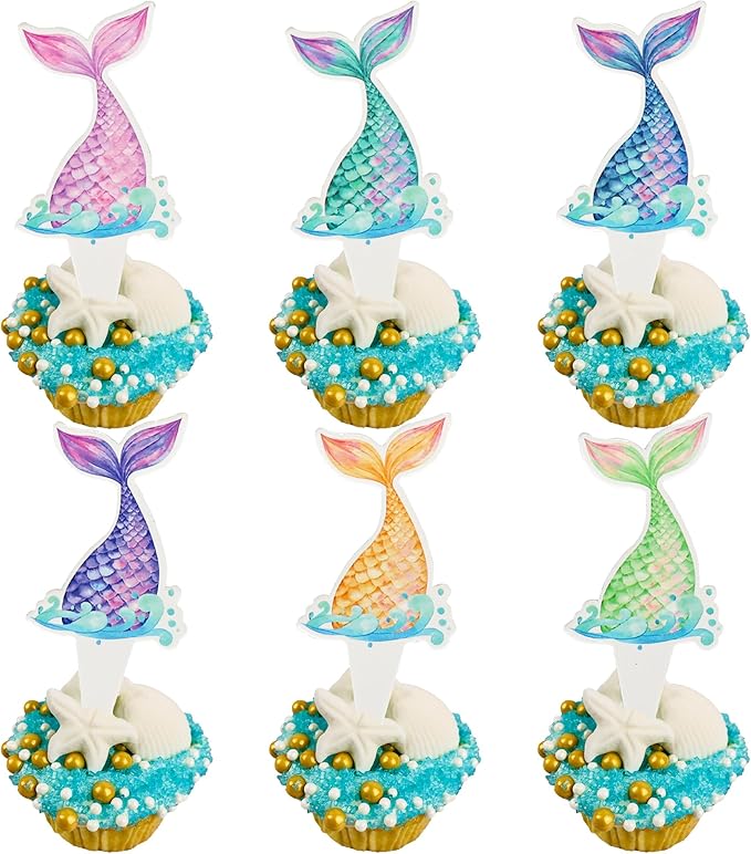 Ephlyn 36Pcs Mermaid Tail Cupcake Toppers Mini Under the Sea Mermaid Tail Cake Topper Decorations Cupcake Picks for Ocean theme Birthday Party Decoration Baby Shower Supplies