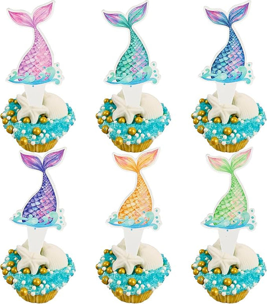 Ephlyn 36Pcs Mermaid Tail Cupcake Toppers Mini Under the Sea Mermaid Tail Cake Topper Decorations Cupcake Picks for Ocean theme Birthday Party Decoration Baby Shower Supplies
