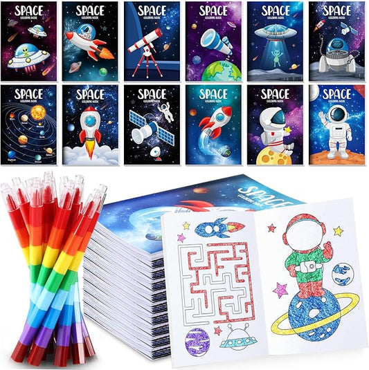 BenLouis 12 Outer Space Mini Coloring Books Kids with 12 Stacking Crayons Astronaut Party Favors Small Activity Books Bulk for Kids Solar System Galaxy Planet Alien Party Gift Goodie Bag Stuffers