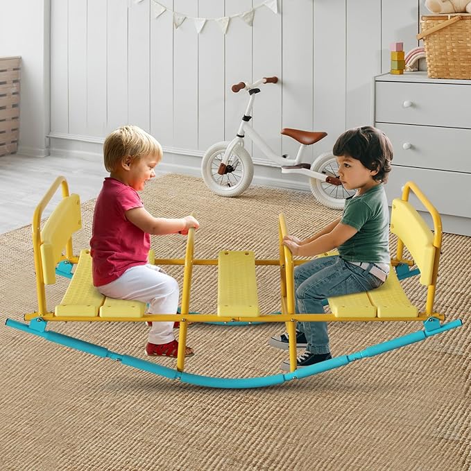 360 Degree Rotation Seesaw Swivel Teeter-Totter, 2/3/4 Seats Sit and Spin Outdoor Playground Equipment for Kids, Toddlers, Boys, Children (Yellow-3 Seats)