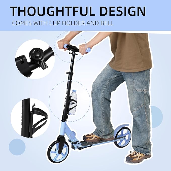 Foldable Kids Scooter with 8 inch Sturdy Wheels - Scooters for Kids, Teens, Adults Ages 8+, Adjustable Handlebar, Gift for Boys&Girls, 220lbs Max Load, Bearing ABEC7,Cup Holder