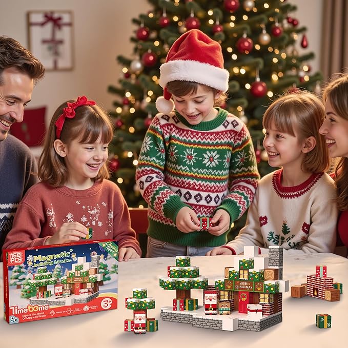 Magnetic Blocks, 150PCS Magnetic Building Block Cubes, STEM Montessori Sensory Toys for Kids Boys Girls Ages 3 4 5 6 7 8 9 10 (Christmas Version)