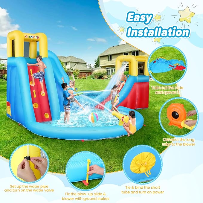 WHUBEFY Inflatable Water Slides for Kids - Blow Up Water Park with Climbing Wall, Water Gun, 2 Pool Slides
