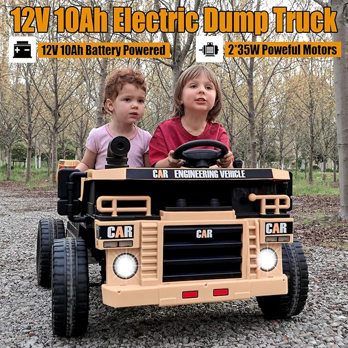 12V 10AH 2-Seater Kids Ride on Truck Electric Toy Car with Electric Dump Bed, Parents Remote Control Kids Car Tractor Toys Ride-on Dump Truck for Boys and Girls Ages 3+, Khaki
