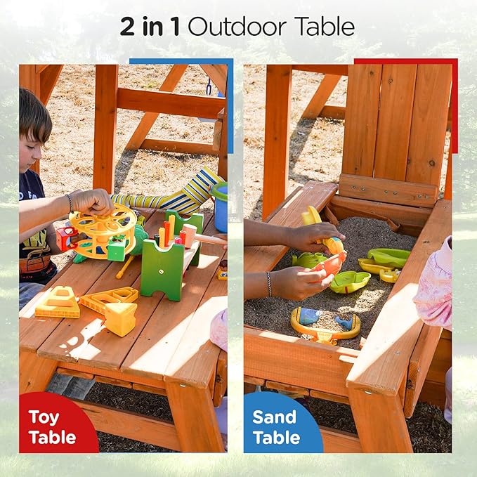 Dolphin Playground Wooden Swing Sets for Backyard with Monkey Bar, Outdoor Playset for Kids with 2 in 1 Outdoor Table, Wave Slide, Climbing Wall, and 2 Belt Swings, Heavy Duty Playground Accessories