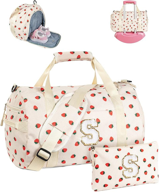 Christmas Gifts for Grandkids, Girls Gym Bag, Kids Personalized Weekend Duffel Bags with Shoe Compartment, Initial Travel Tote with Makeup Bag, Gift for Dance Gymnastics Girl (Letter S)