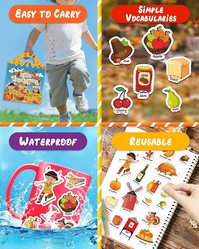 Benresive Reusable Sticker Book for Toddlers 2-4 Years, Fun Travel Stickers for Kids, Waterproof Sticker Books for Toddlers 1-3, Crafts Activities for Toddler 1-3 2-4 3-5 - Thanksgiving