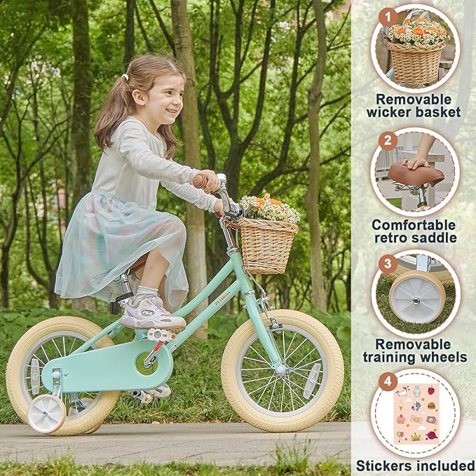 Petimini Girls Bike with Basket for 2-12 Years Old Kids, 12 14 16 18 20 Inch Bicycle with Bell Training Wheels Basket, Multiple Colors