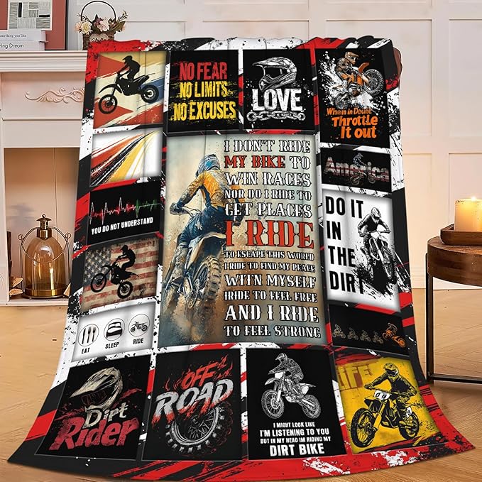 Motorcycle Blanket for Mens, Dirt Bike Flannel Throw Blanket, Fleece Soft Cozy Stuff Blankets Gift for Women Men Couch Sofa Bed 80" x 60"