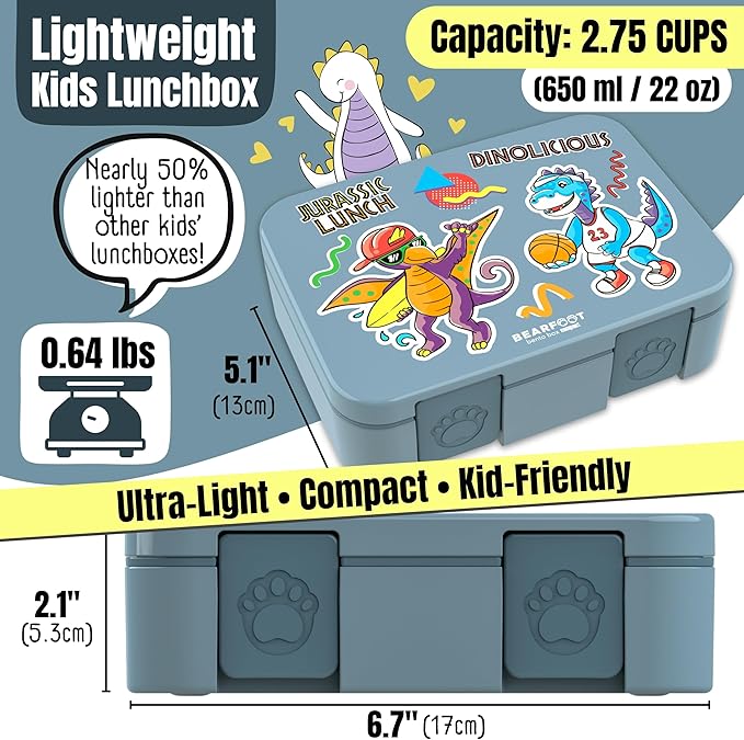 BEARFOOT Kids Lunch Box with Compartments – Compact & Lightweight | Leak-Proof, BPA-Free, Dishwasher & Microwave Safe | Hand-Drawn Design for Preschool, School, Travel (Dinos Blue, 2.75 Cups)