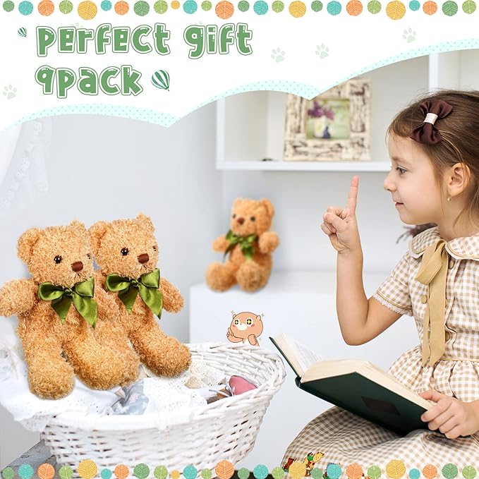 Zhanmai 9 Pieces Cute Bear Stuffed Animals 10 Inch Soft Plush Stuffed Bears Toy Gift Bulk with Bow Tie Kids Boys Girls Graduation Baby Shower Birthday Party Gift(Golden)
