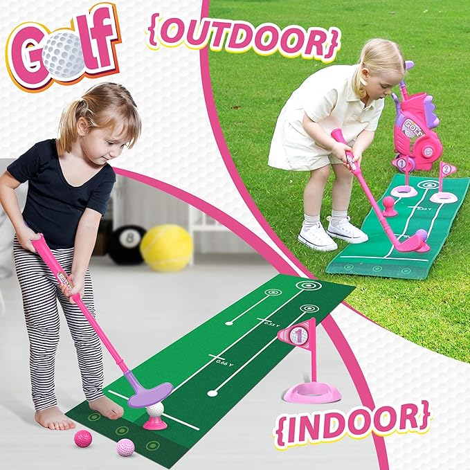 Liberry Toddler Golf Set for 2 3 4 Years Old Girls Boys, Upgraded Kids Golf Cart with Golf Cornhole Board & Putting Mat, Indoor and Outdoor Golf Christmas Toys Birthday Gift, Pink