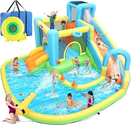 Whubefy Inflatable Water Slide Bounce House for Kids Backyard Blow Up Water Park with Dual Slides & Double Splash Pools, Ring Toss & Water Cannon, Arch & Overhead Sprinkler for Indoor Outdoor Play