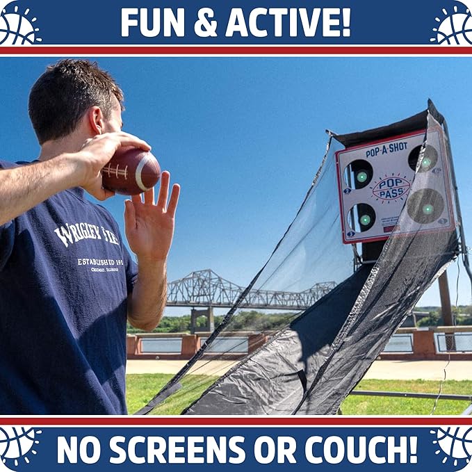 Pop-A-Shot | Official Pop-A-Pass Electronic Arcade Style Football Toss Game | 4 Inflatable Mini Footballs | Foldable, Portable, Tote Bag Included