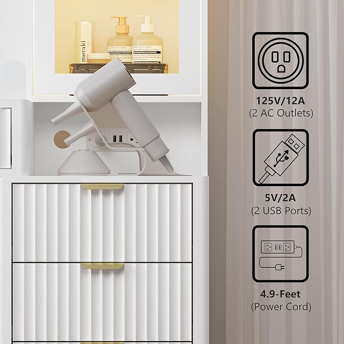 Makeup Vanity Desk with Mirror and Lights, 45" Fluted Wood Vanity Desk with Glass Top, 5 Drawers & RGB Glass Cabinet, Power Outlet, Mid Century Modern Dressing Table Set for Women Girls Bedroom