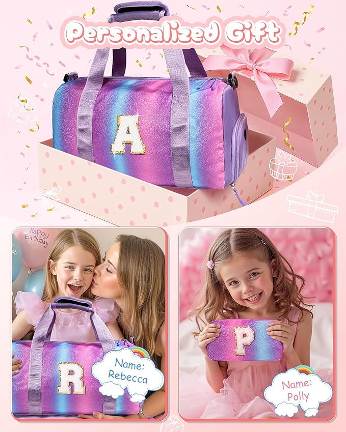 Birthday Gifts for Kid-Girl Gym Bag with Shoe Compartment, Kid Personalized Weekender Overnight Bags, Initial Travel Tote with Makeup Pouch Christmas Gifts for Kids (Letter I)