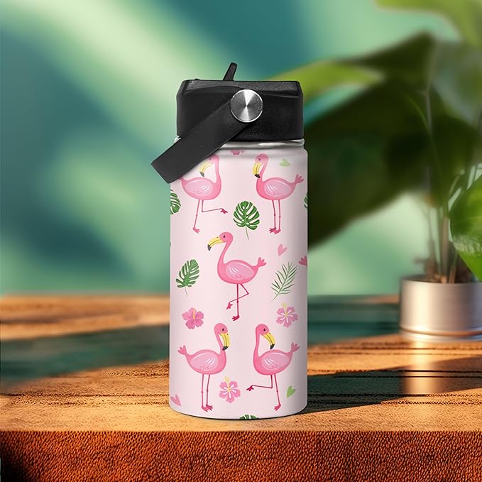SANDJEST Kids Water Bottle Flamingo Water Bottles 12oz with Straw Insulated Stainless Steel Travel School Tumbler Double Wall Vacuum Cup for Girls Kid