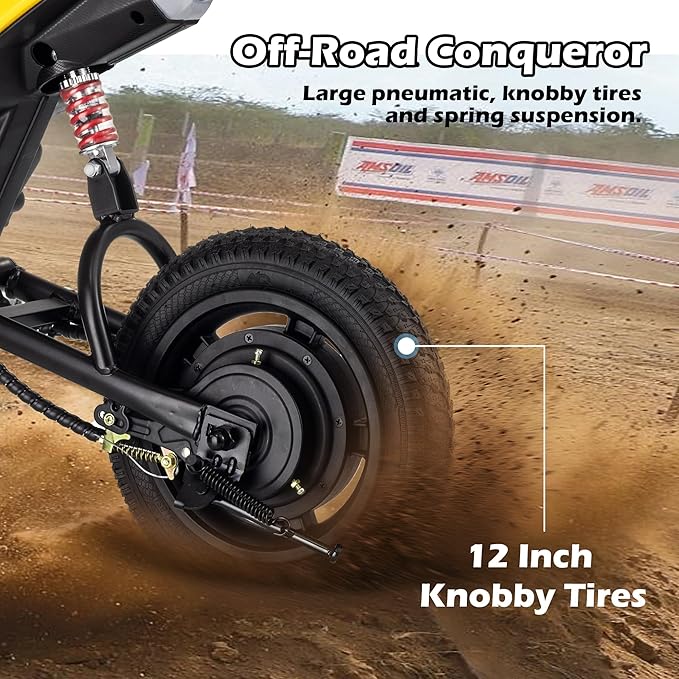 24V Electric Dirt Bike for Kids, 250W Electric Motorcycle Up to 11 MPH & 10 Miles Long-Range, Twist-Grip Throttle, 12" Knobby Tires, Spring Suspension, Music, Yellow (Without Cover)