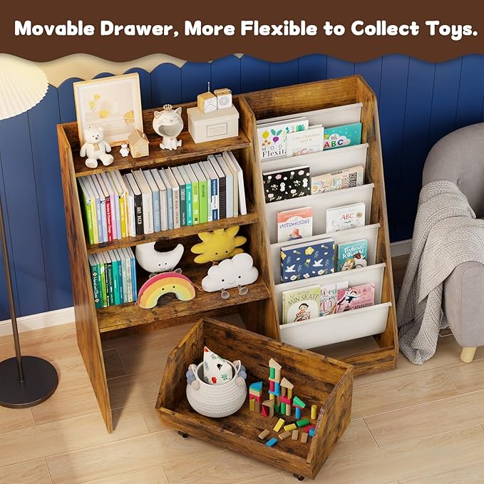 COZPAW Kids Bookshelf and Toy Storage, 4 Tier Toddler Bookshelf with Movable Drawer 5 Sling Pockets, Montessori Book Shelf for Kids Room, Playroom, Nursery (Brown)