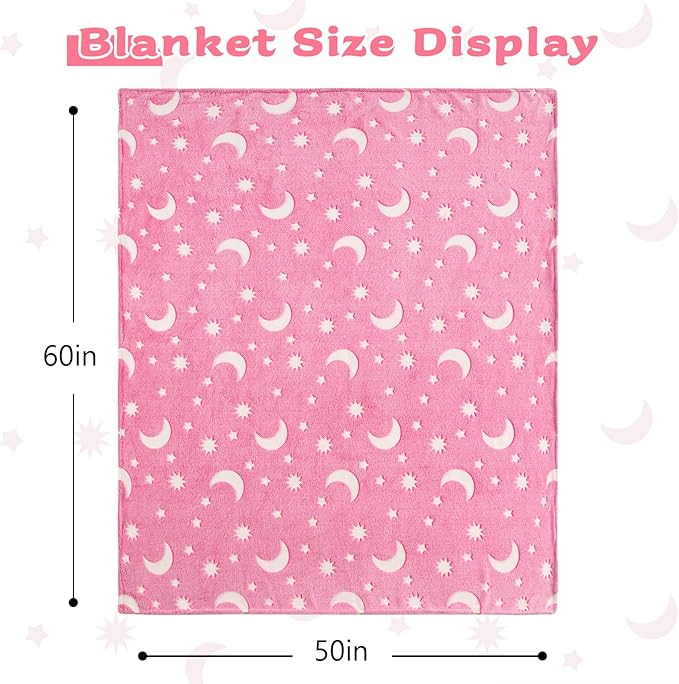 QSTEHEML Pink Moon Glow in The Dark Blanket,Star Gifts Toys for Kids Girls Birthday Christmas Bedroom Decor for Age 3-12 Years Old Toddler Teens Child Daughter Soft Luminous Blanket，50"×60"