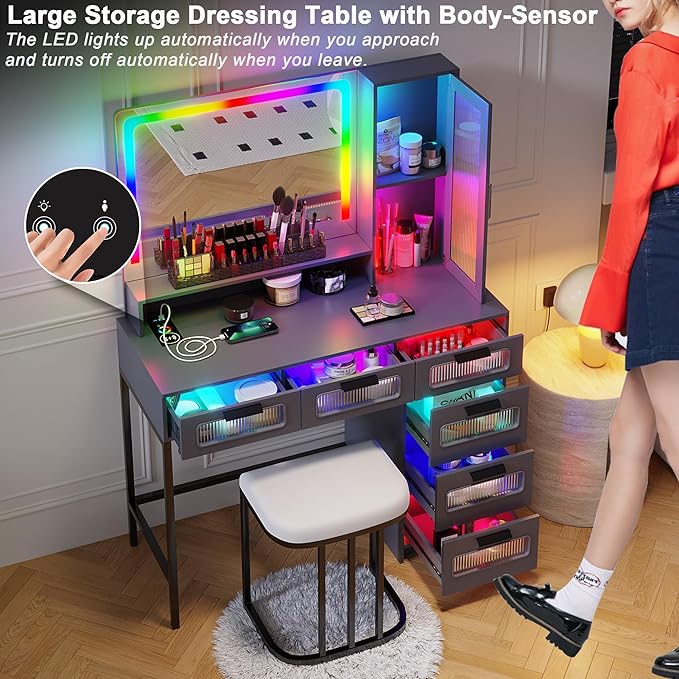 HNEBC RGB Vanity Desk with Mirror and Lights, LED Vanity Makeup Desk with USB/Wireless Charger Station, Vanities Dressing Table Sets with 6 Drawers/Cabins/Stool/Shelves for Bedroom&Cloakroom,Grey