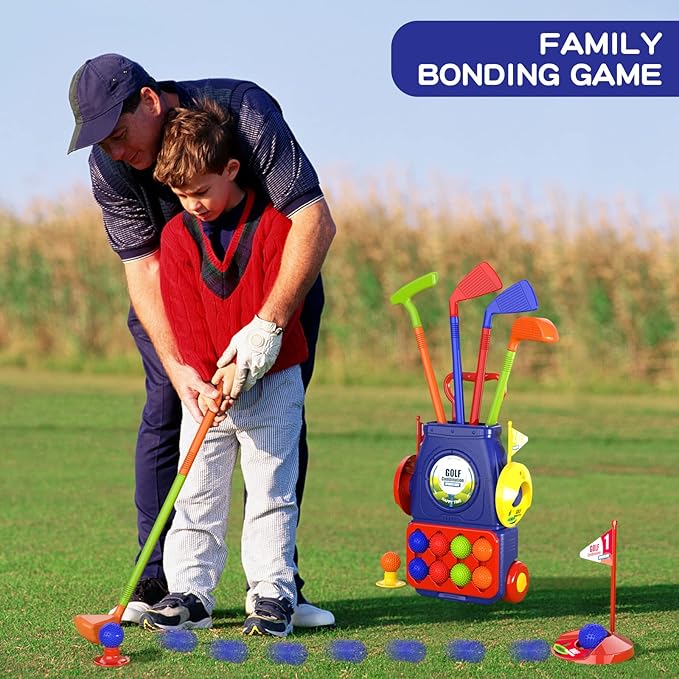 QDRAGON Kids Golf Clubs, 2 in 1 Toddler Golf Set with 8 Balls/Cornhole Board & Putting Mat/Golf Cart with Wheels, Indoor Outdoor Sport Toys Gifts for Boys Girls Ages 3 4 5 6+, Blue