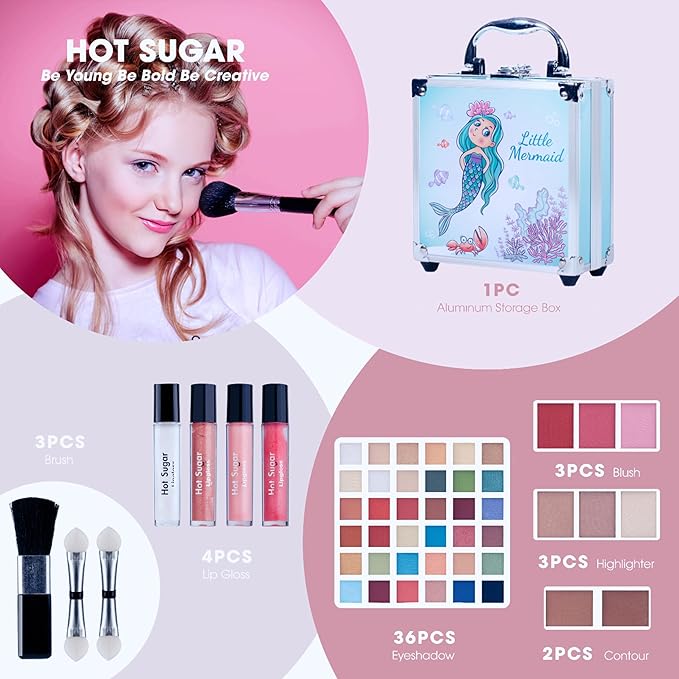 Hot Sugar Girls Makeup Kit Age 4-6 7-8 10-12, Little Girl Makeup Set, Makeup Kit for Teenagers 13-15 Includes Eyeshadow Lip Gloss Blush Highlighter Contour Brush (Blue Mermaid)
