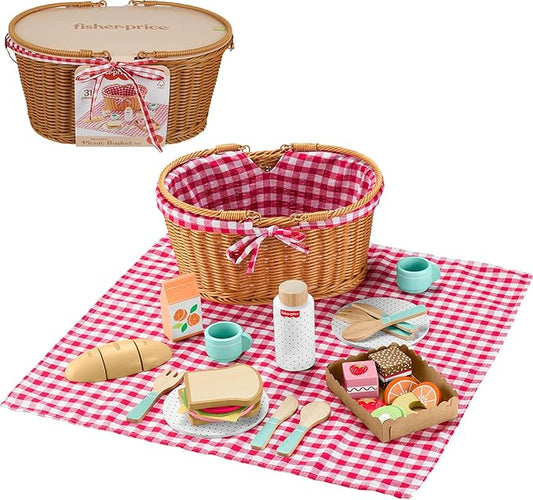 Fisher-Price Wood Pretend Play Toy Picnic Basket, 31-Piece Wooden Food Playset for Preschool Kids Ages 3+ Years