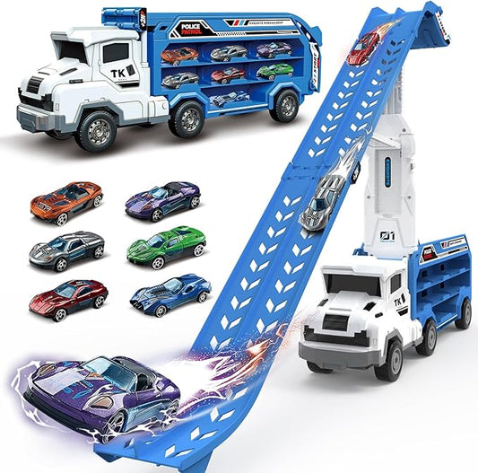 Toddler Car Truck Toys,Car Carrier Trucks Toy for Kids Age 3-5 4-8,Foldable Car Track Sets with 2.8-Ft Race Track and 6 Die-Cast Race Cars, Truck Toys Gifts for 3 4 5 6 7 8+ Year Old Boys Girls(Blue)