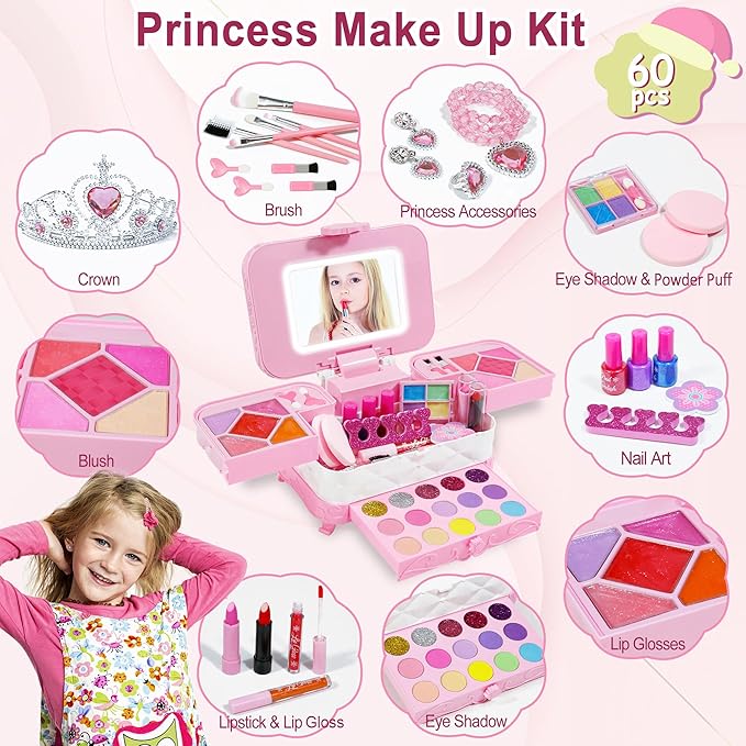 60 in 1 Kids Makeup Kit, with 3-Color Led Makeup Mirror Real Washable Kids Makeup Sets for Girls 5-8, Perfect Girl Birthday Gift, Age 3+