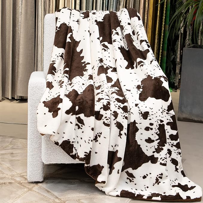 Cow Print Blanket Brown & White - Gifts for Cow Lovers Adults Girls Boys - Soft Plush Lightweight Warm Fleece Throw Blanket for All Seasons Cozy Farmhouse Decor for Bed, Couch, Travel(50"x60")