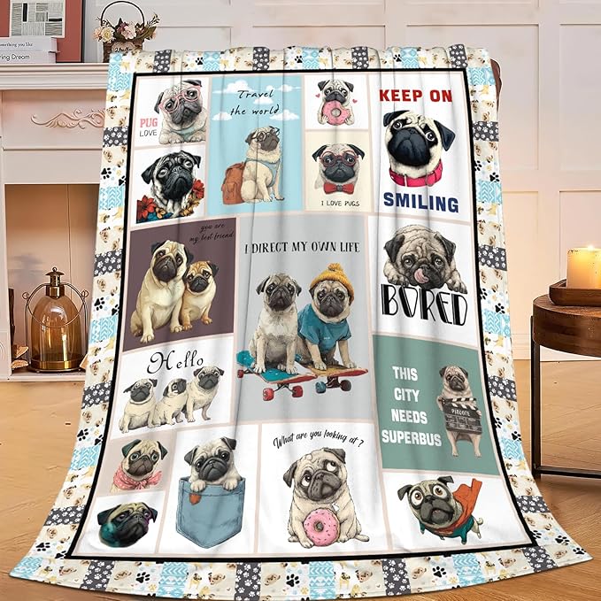 Pug Throw Blanket Pug Puppy Stuff Gifts for Dog Lover Kids Girls Boys Adults Women Men Soft Cozy Warm Plush Fluffy Fuzzy Fleece Blanket Decor 60''X80''