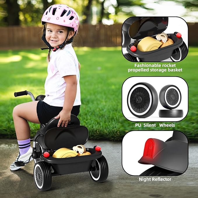 XJD Toddler Tricycle, Foldable Toddler Bike with Pedals, Tricycle for 2-5 Year Olds, Adjustable Comfortable Seat, Birthday Gifts for 1-5 Years Old Boys and Girls (Black)