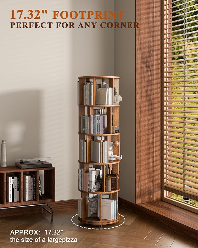 5-Tier Solid Wood Rotating Bookshelf on Wheels, 360° Spinning Book Shelf Tower, Round Revolving Bookcase Organizer, Rolling Bookshelves for Small Spaces, Corner, Bedroom, Kids Room, Office, Walnut