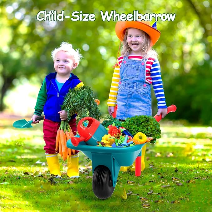 CUTE STONE Kids Gardening Tool Set, Garden Toys with Wheelbarrow, Watering Can, Shovel, Flower Garden Building Toy, Pretend Play Outdoor Indoor Activities Stem Toy Gifts for Boys Girls