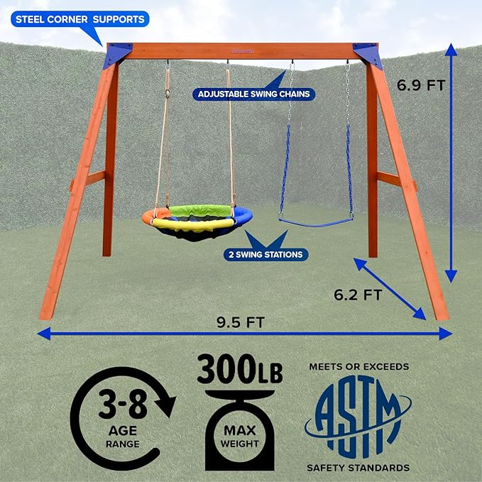 Sportspower™ Wildwood Wooden Swing Set: 2 Height Adjustable Swings and 40" Saucer Swing, Backyard Outdoor Playset for Kids