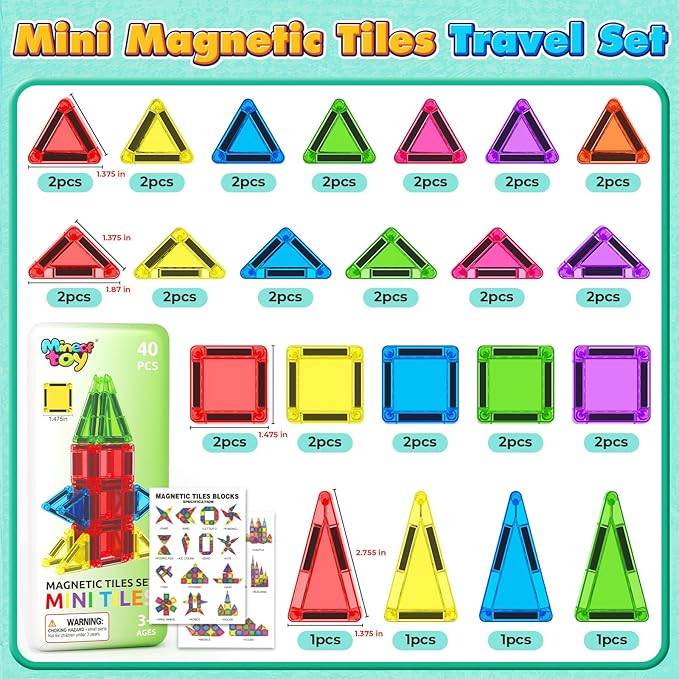 40PCS Mini Magnetic Tiles Toddler Travel Essentials Toys with Case Set, Magnetic Building Blocks Kids Games, Montessori Preschool Education Sensory Toys for 3 4 5 Year Old Boys Girls Birthday Gifts
