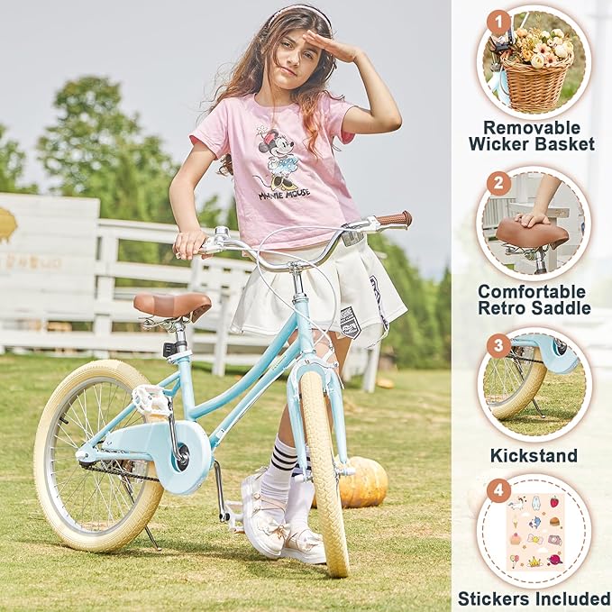Petimini Girls Bike with Basket for 2-12 Years Old Kids, 12 14 16 18 20 Inch Bicycle with Bell Training Wheels Basket, Multiple Colors