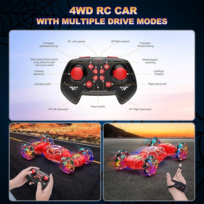 Nikuku Remote Control Car - 2.4GHz 4WD Gesture Sensing RC Stunt Car Toys for Boys and Girls Ages 6-12, 360° Rotating Drift RC Cars with Lights and Music, Ideal Birthday and Xmas Gift
