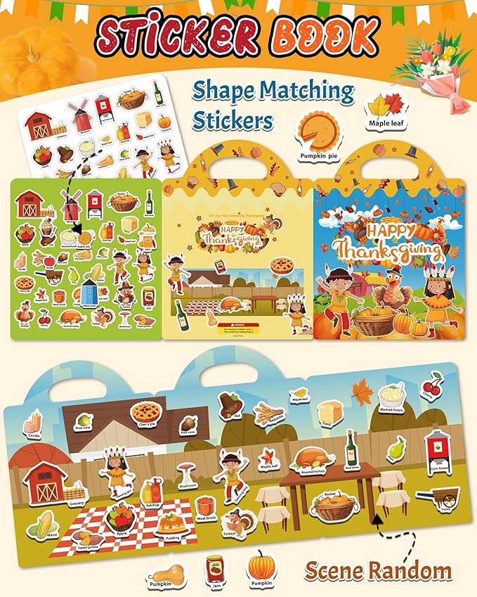 Benresive Reusable Sticker Book for Toddlers 2-4 Years, Fun Travel Stickers for Kids, Waterproof Sticker Books for Toddlers 1-3, Crafts Activities for Toddler 1-3 2-4 3-5 - Thanksgiving