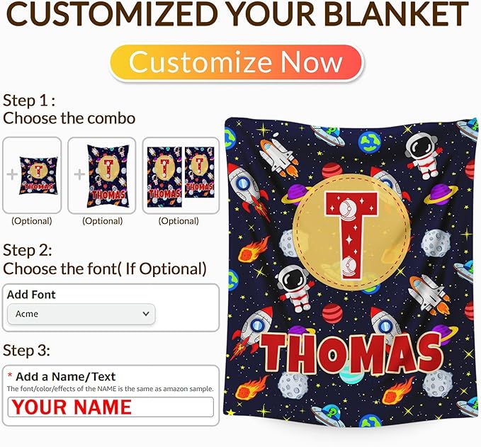 Personalized Blanket Gifts for Kids Boys, Custom Planet Throw Blanket with Initial Letter Soft Cozy Fuzzy Bed Throws, 4 Sizes Optional Kids Blankets for Couch Sofa Bed