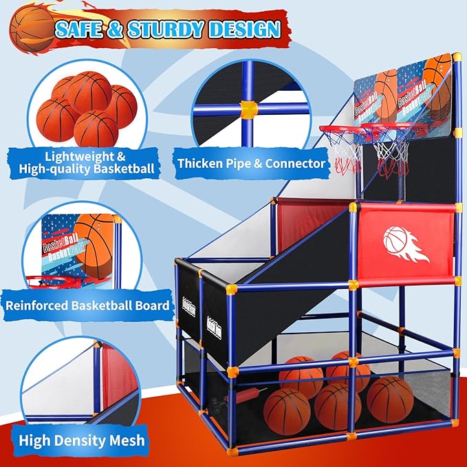 Arcade Basketball Game Set for Kids, Boy Toys Basketball Hoop with 4-5 Balls for 3-12 Years Old, Adjustable Height w/Pump & Storage Net for Kids Indoor Outdoor Sports Play, Christmas Birthday Gifts