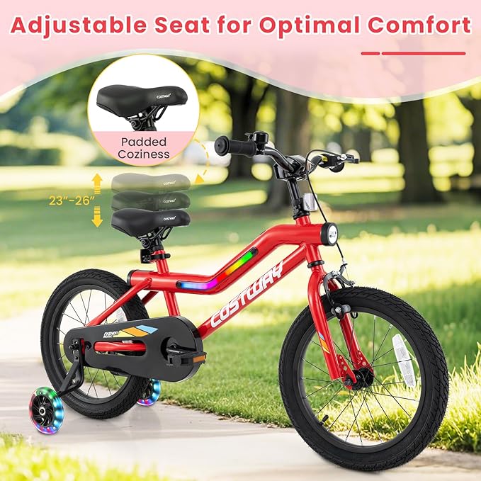 COSTWAY 16”/18” Lighted Kids Bike, Children Sport Bicycle with LED Light-up Frame, Adjustable Saddle, Training Wheels, Handbrake & Coaster Brake, Kids Riding Bike for 4-7/4-8 Years Old Boys & Girls