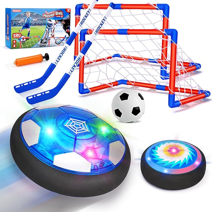 3 in 1 Hover Soccer Ball Toddler Hockey Set with LED Lights Indoor Toys for Kids Soccer Gift for Boys 6-8 8-12 Kids Sports Soccer Games 3 4 5 6 7 8 Year Old Boy Age 4-8 Birthday Gift