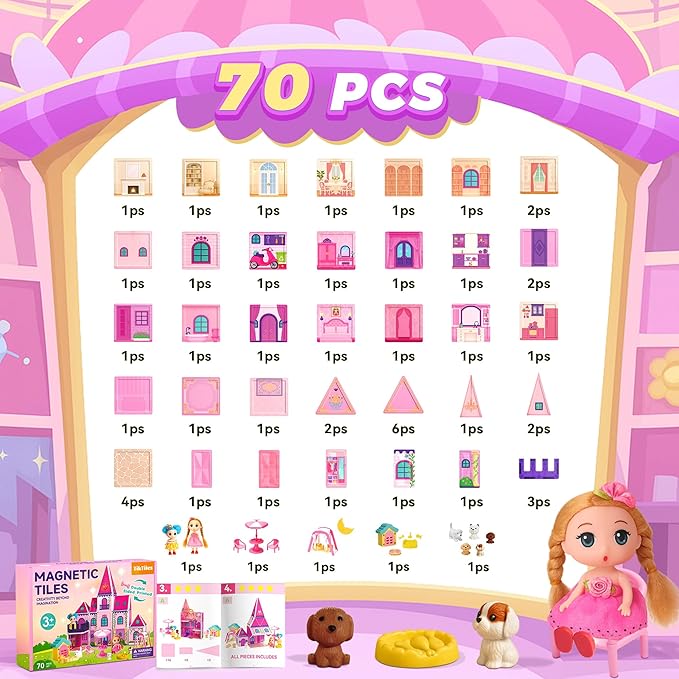 Magnetic Tiles Doll House Building Toys Set with Double Sided Printed Design, Play House Magnetic Blocks for Kids Ages 3-5 4-8, STEM Educational Sensory Magnet Toys Birthday Gifts for Girls