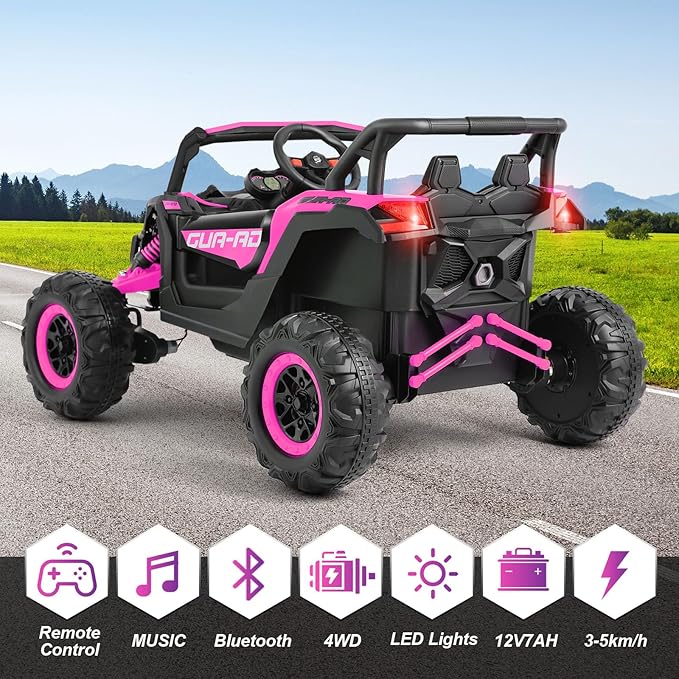 JOYLDIAS 4WD Ride On Car, 12V Battery Powered Electric Off-Road UTV for Kids, 4X4 Electric Vehicle W/4 Powerful Engines, 2.4G Remote Control, Music, Bluetooth, LED Lights for Boys and Girls, Pink