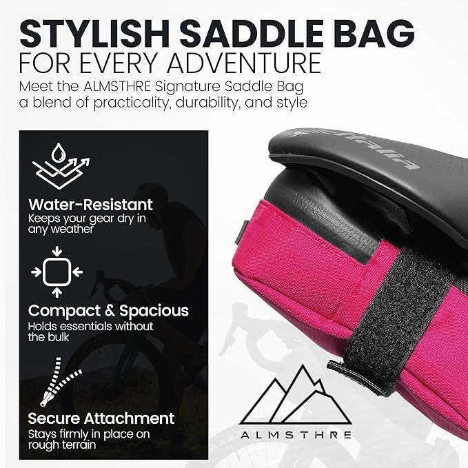 Signature Bike Saddle Bag – Passion Pink | 0.5L Bike Seat Bag (3" x 5.25" x 2") | Water-Resistant Ripstop, Waterproof Zipper, Internal Pocket | Durable Under Seat Storage