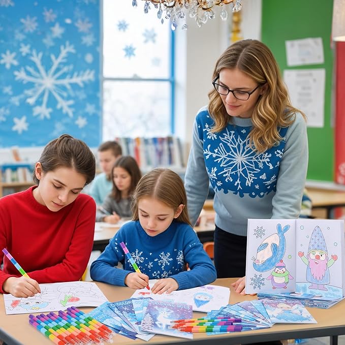 BenLouis 12 Frozen Mini Coloring Books Kids with 12 Stacking Crayons Winter Snowflake Themed Party Favors Small Activity Books Bulk for Kids Frozen Christmas Classroom Party Gift Goodie Bag Stuffers