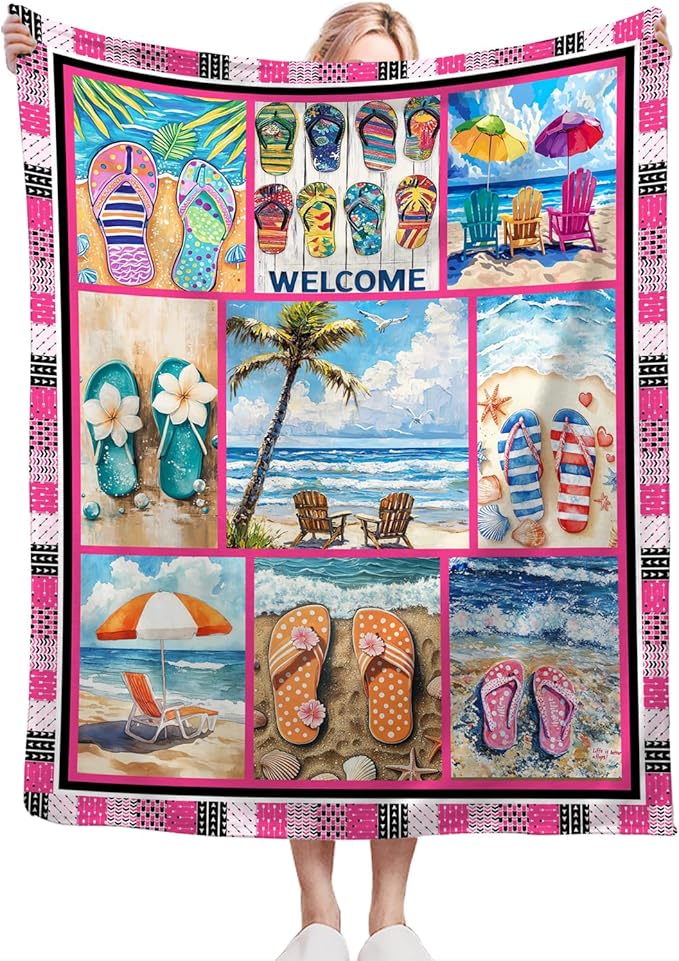 Coastal Blanket Ultra Soft Cozy Ocean Beach Palm Tree Throw Blanket Fleece Fuzzy Plush Bedding Blanket Beach Flip-Flops Decor Gifts for Women Girls Adults Couch Sofa 50"x40"