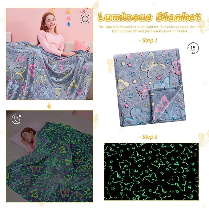 QSTEHEML Butterfly Glow in The Dark Blanket,Butterfly Gifts Toys for Kids Girls Age 3-12 Years Old, Birthday, for Daughter, Toddler, Teen, and Grandkids Soft Throw 50"×60"